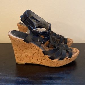 Marc Fisher Black Leather Strappy Platform Wedges